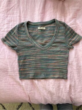 Madewell Ribbed V-Neck Cropped Tee in Teal and Pink Stripe